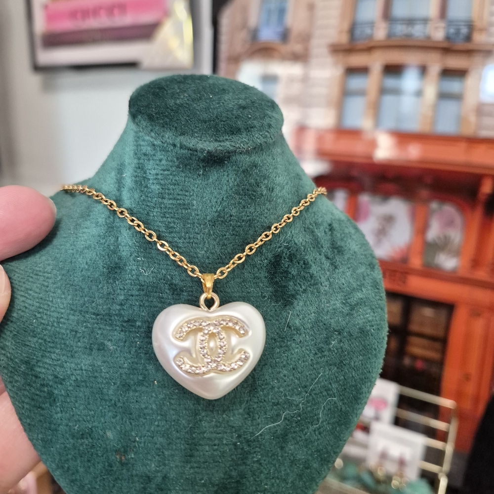 CHANEL Gold and White Heart Pendant